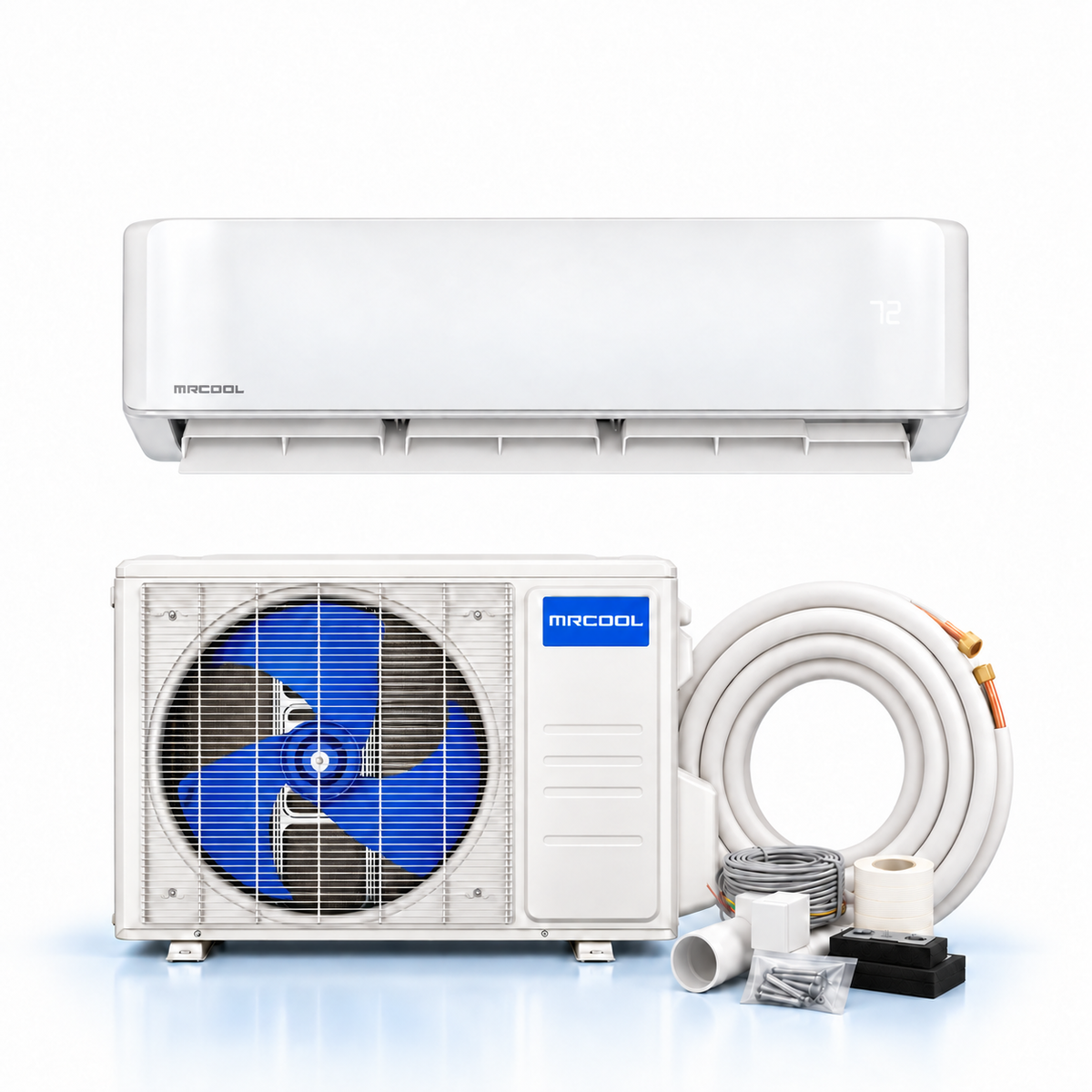 MRCOOL DIY system with one-fan condenser, wall air handler, line set, and installation accessories