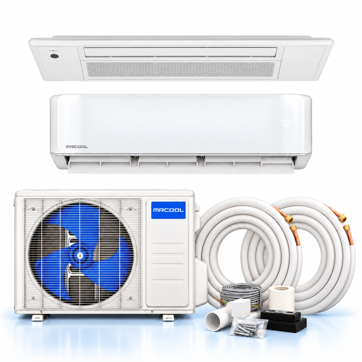 MRCOOL DIY system with one-fan condenser, wall unit, and OuttaSight one-way ceiling cassette