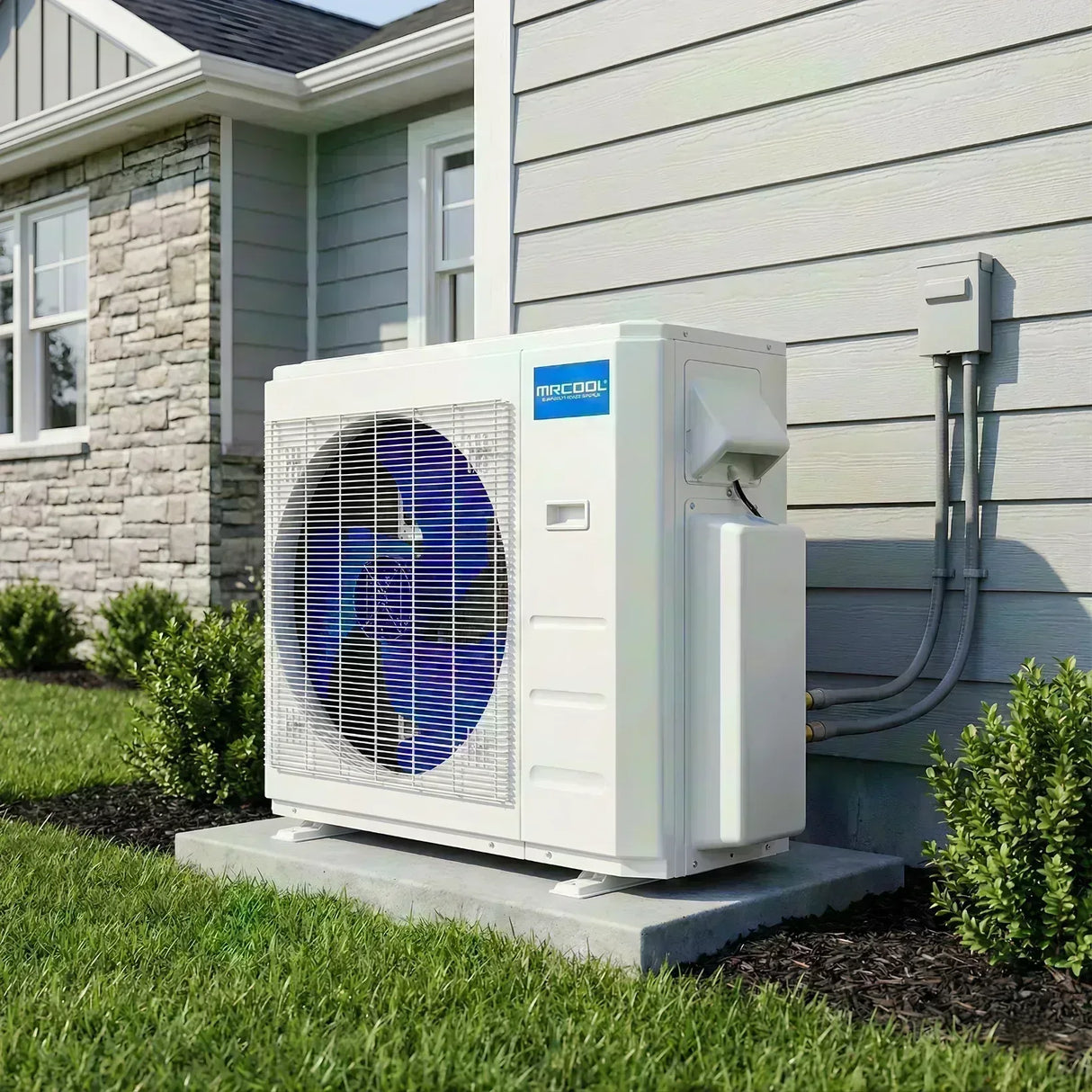 Installed outdoor condenser unit for MRCOOL DIY 5th Gen Wall Mount (6K-9K-9K) 3-Zone 36,000 BTU Ductless Mini Split Heat Pump & AC