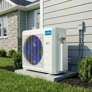 Installed outdoor condenser unit for MRCOOL DIY 5th Gen Wall Mount (6K-9K-9K) 3-Zone 36,000 BTU Ductless Mini Split Heat Pump & AC