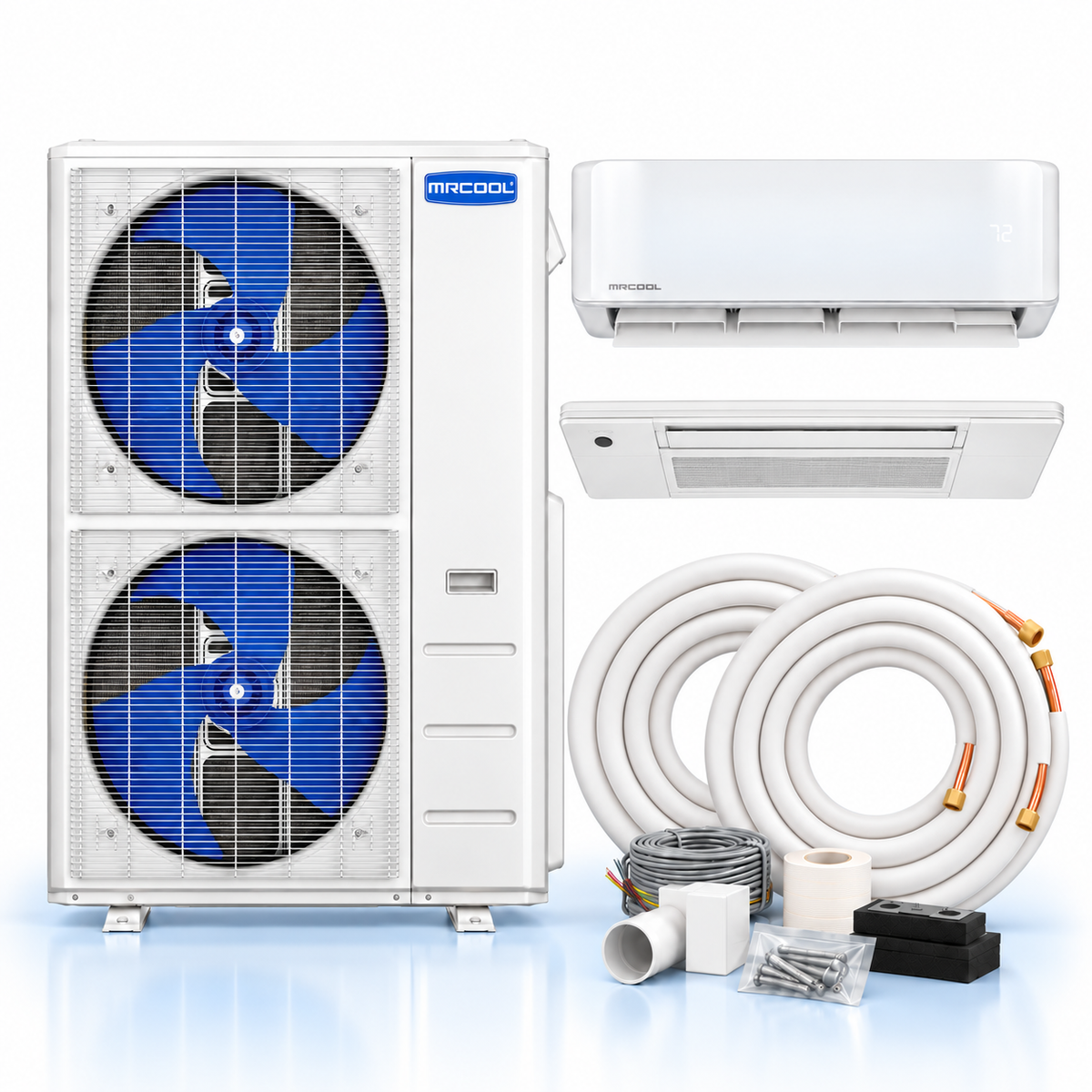 MRCOOL DIY 48,000 to 55,000 BTU system with tall two-fan condenser, wall unit, and OuttaSight one-way ceiling cassette