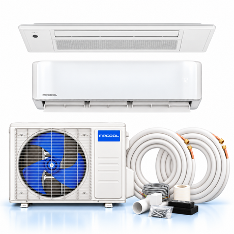 MRCOOL DIY system with one-fan condenser, wall unit, and OuttaSight one-way ceiling cassette